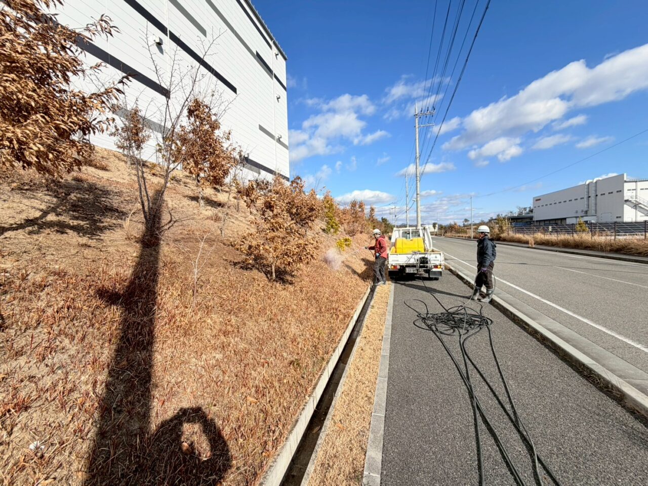 三田市倉庫緑地帯での薬剤散布と緑地管理作業